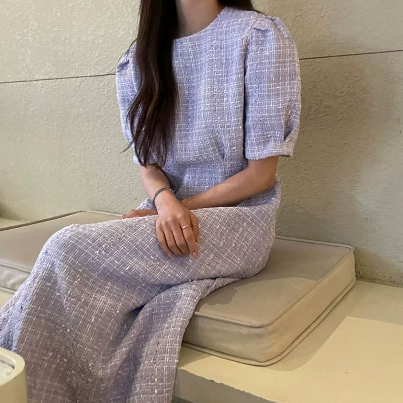 원피스 여름 반팔 프렌치 트위드 하객룩 퍼프소매 롱 치마 드레스 - 상세 이미지 2