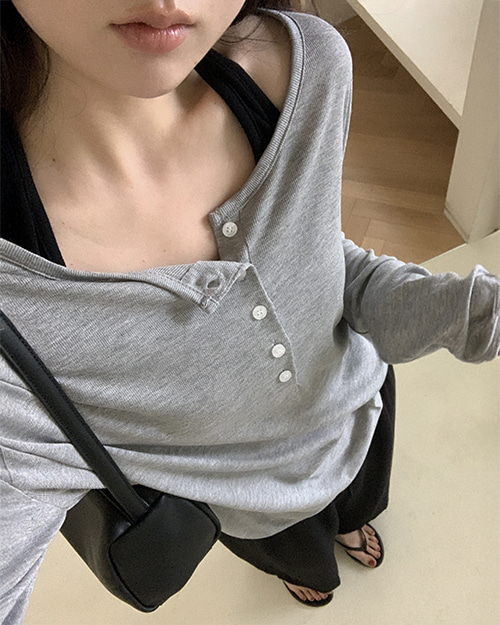 4943 후들후들 박시 루즈핏 단추 긴팔 티셔츠 봄 여름 - 상세 이미지 2