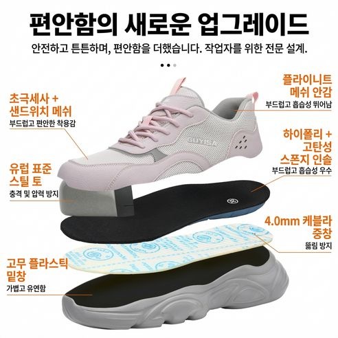 여성 안전화 가벼운 작업화 통기성 운동화 스타일 미끄럼방지 발편한 경량 안전신발 - 상세 이미지 4