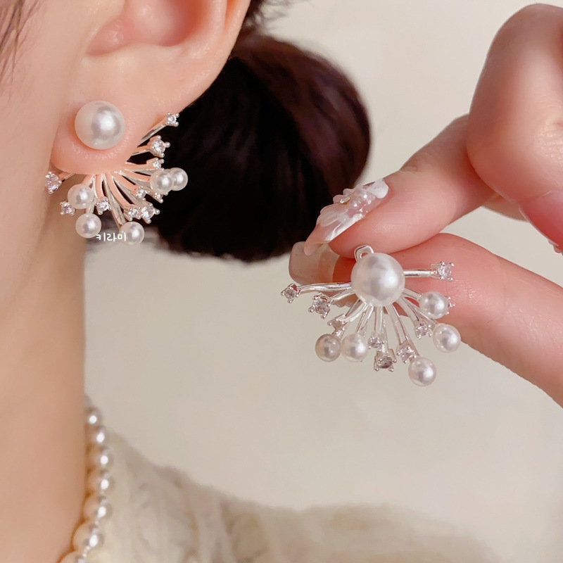 S925 팡파레 펄 앤 큐빅 투웨이 진주 귀걸이 - 상세 이미지 4