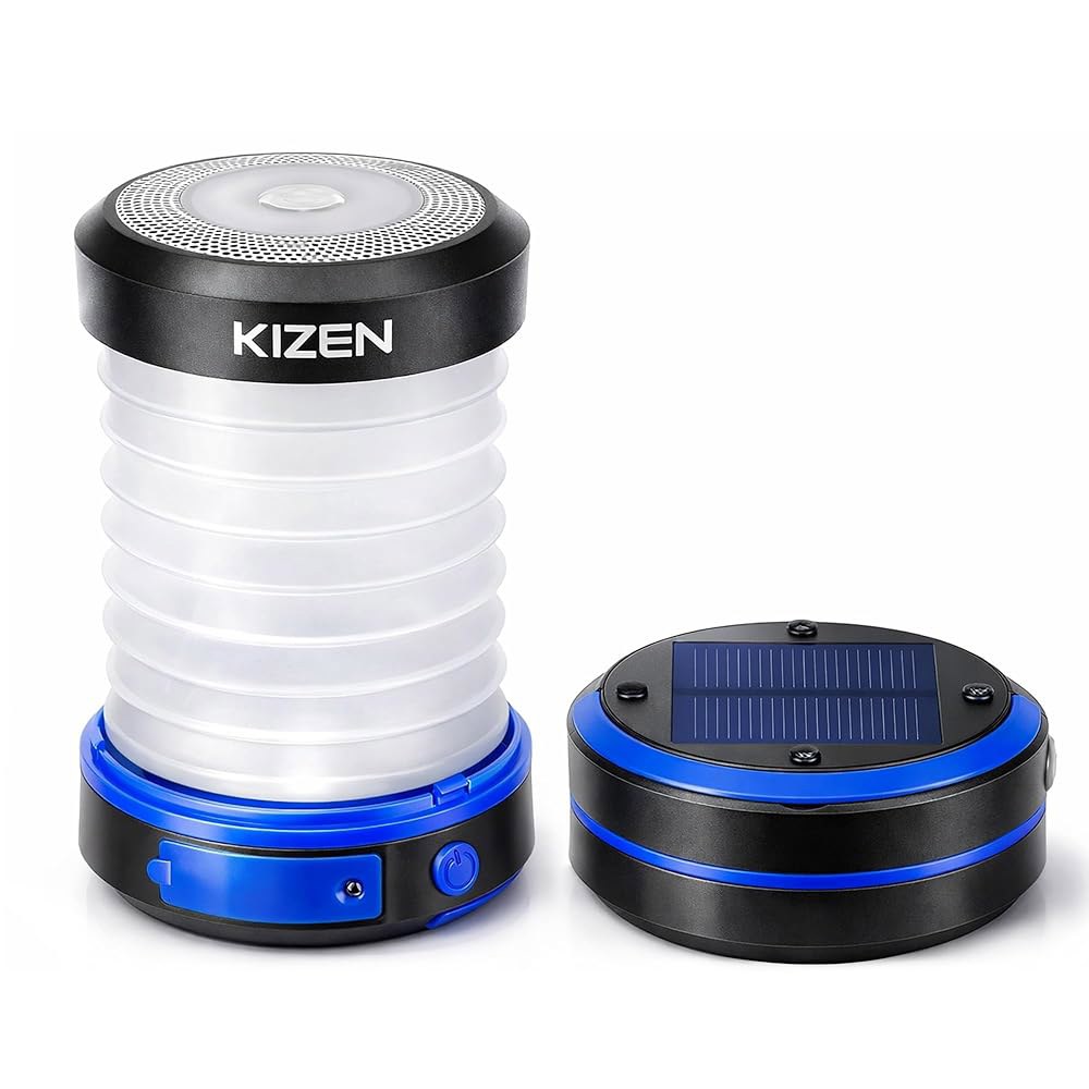 Kizen 야외 태양광 랜턴 - 또는 플러그 충전식 정전 시 접을 수 있는 LED 조명 텐트 조명, 걸이식 손전등을 위한 캠핑 필수 램프 Blue - 상품 이미지
