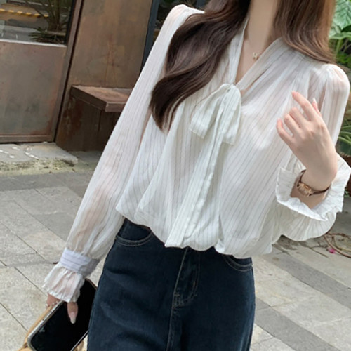 블라우스 스트라이프 시스루 크롭 셔츠 스트링 타이 랩 스타일 오피스룩 심플 하객룩 여성스러운 데일리룩 - 상세 이미지 2
