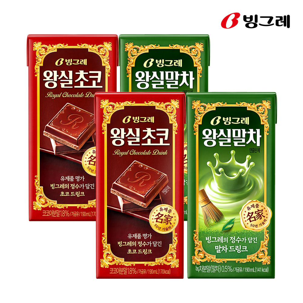 빙그레 왕실드링크 2종 190ml 24팩 /왕실초코/왕실말차 - 상품 이미지