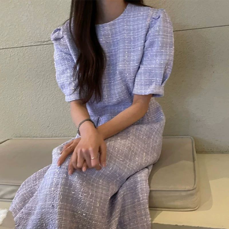 원피스 여름 반팔 프렌치 트위드 하객룩 퍼프소매 롱 치마 드레스 - 상세 이미지 5