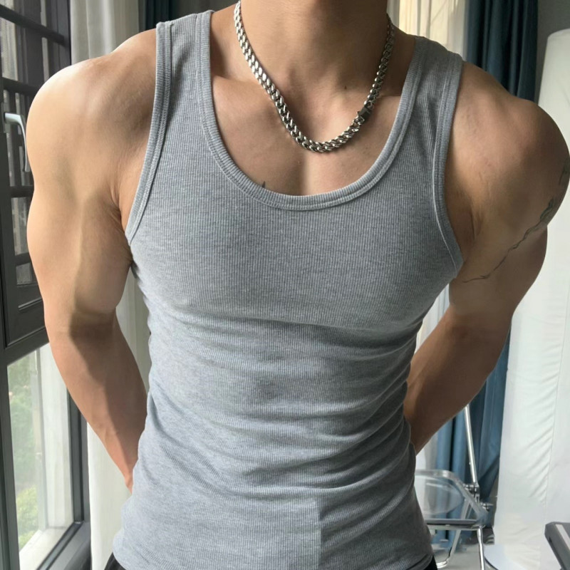남성 헬스나시 슬림핏 운동용 골지 민소매 여름용 통기성 라운드넥 트레이닝 탱크탑 - 상세 이미지 2