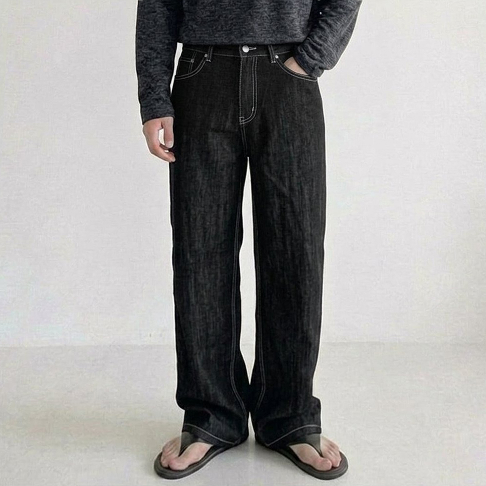 남성 여름 와이드 청바지 린넨 팬츠 긴바지 블랙, M - 상품 이미지
