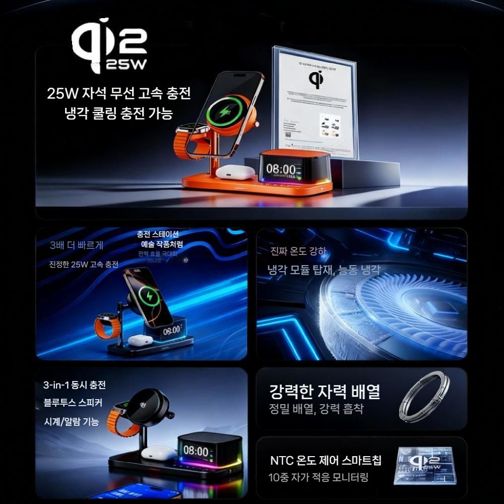 아이폰17 갤럭시S26 무선 충전기 25W 고속 충전 베이스 거치대 블루투스 스피커 시계 홀더 - 상세 이미지 2