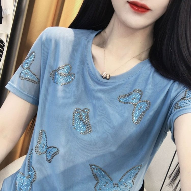 댄스복 상의 여성 티셔츠 반팔 메쉬 연습복 라인 댄스 옷 라틴 공연 복 무대 의상 - 상품 이미지