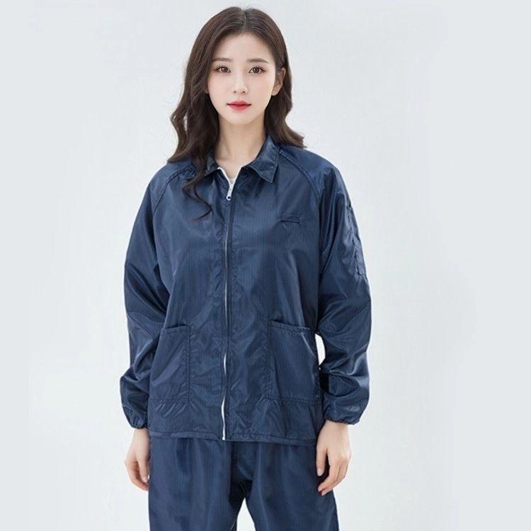클린룸 투피스 작업복 제전복 방진복 정전기 방지 원단 긴팔 카라형 상의 바지 세트 블루 M 그레이 탑 팬츠 - 상세 이미지 2