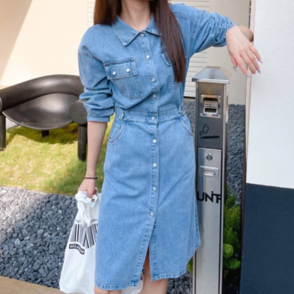 언니네 산지직송 안은진 원피스 데님 트임 미디 연청 캐주올 워싱 여성 원피스 - 상세 이미지 3