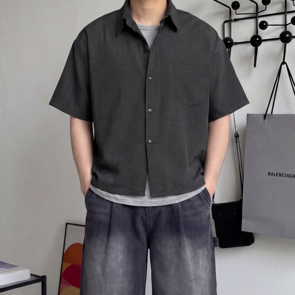 오버핏 남성체크남방 캐주얼 고방체크 여름 크롭반팔셔츠 이미지 7