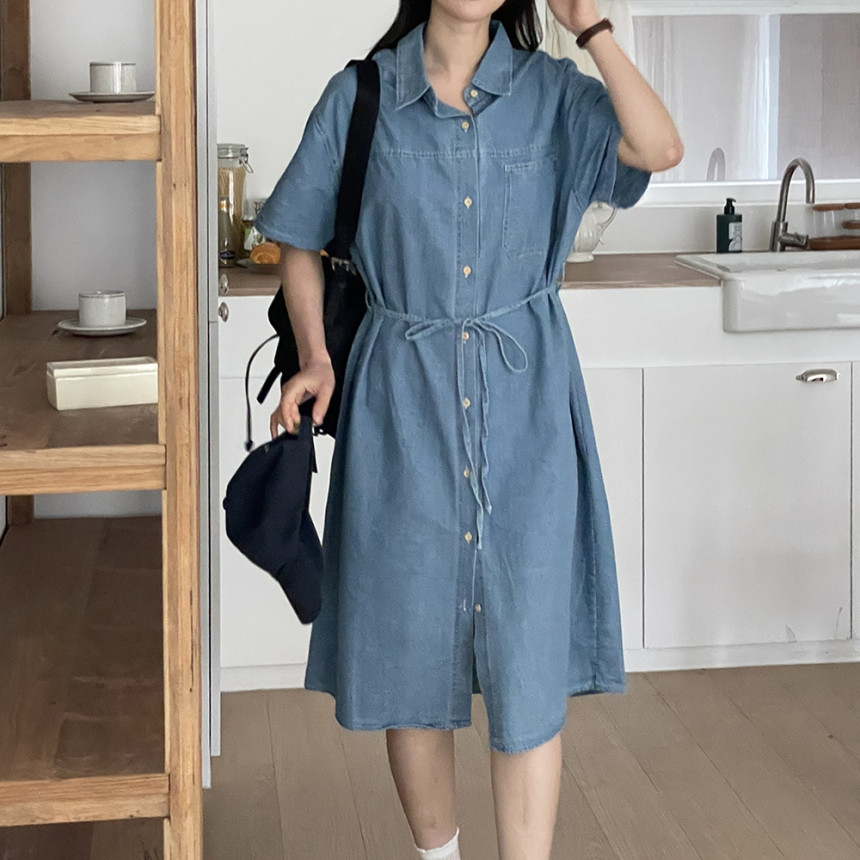 루즈핏 카라 데님 청 셔츠형 롱 원피스 여성 원피스 레이어드 a라인 연청 진청 반팔 긴팔