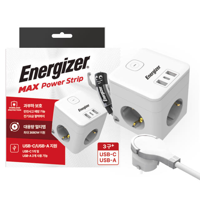 에너자이저 멀티탭 큐브 납작헤드 4000W 고용량 USB-A/C 3구,