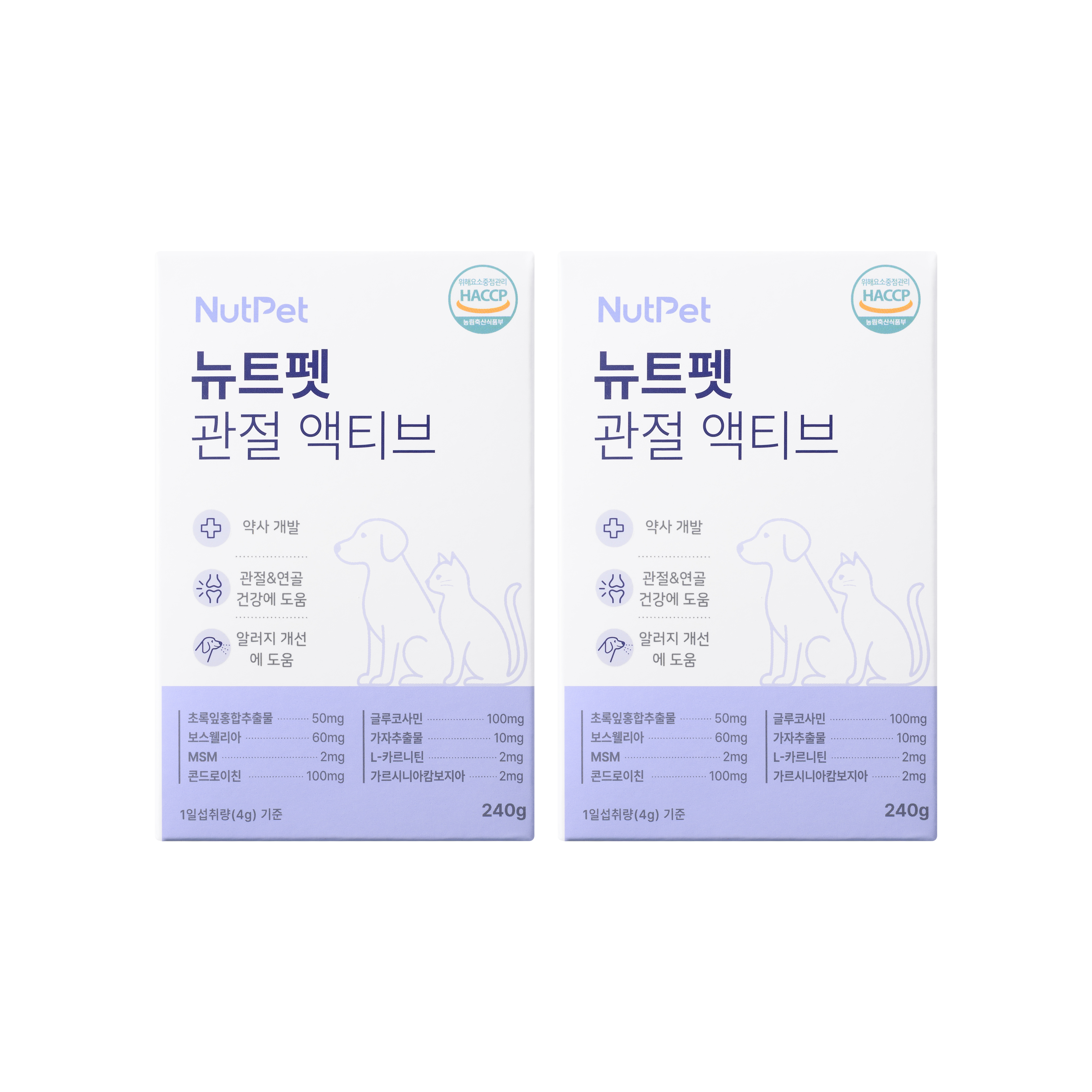 뉴트펫 관절 액티브 강아지 관절 영양제 슬개골 강화 탈구 연골 건강 관절+연골, 240g, 2개 - 상품 이미지