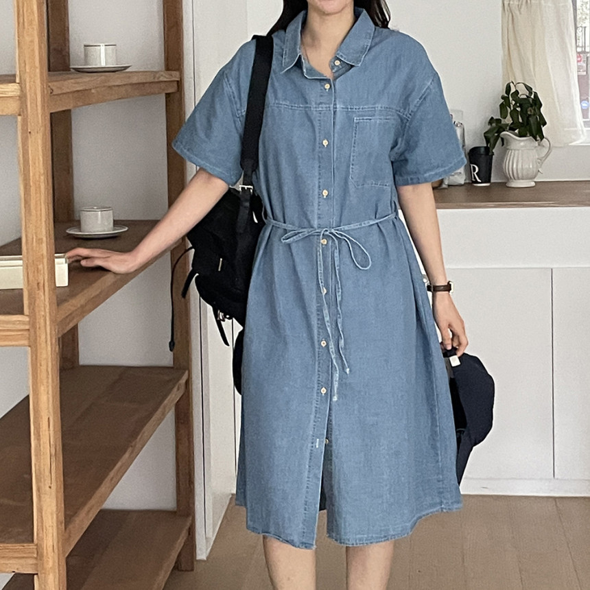 루즈핏 카라 데님 청 셔츠형 롱 원피스 여성 원피스 레이어드 a라인 연청 진청 반팔 긴팔