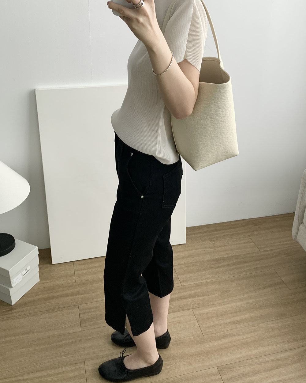 스판 카프리 데님 팬츠 슬랍 6부 7부 플레어 바이커 청바지 웨어링무드 (블랙) 이미지 3