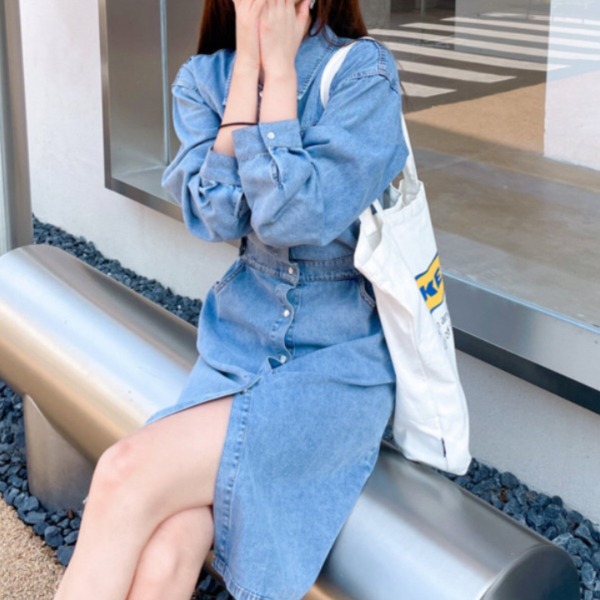 언니네 산지직송 안은진 원피스 데님 트임 미디 연청 캐주올 워싱 여성 원피스 - 상세 이미지 2