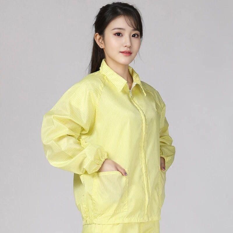 클린룸 투피스 작업복 제전복 방진복 정전기 방지 원단 긴팔 카라형 상의 바지 세트 블루 M 그레이 탑 팬츠 - 상세 이미지 5