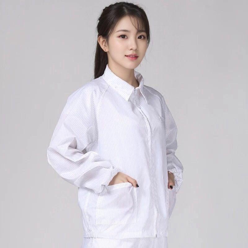 클린룸 투피스 작업복 제전복 방진복 정전기 방지 원단 긴팔 카라형 상의 바지 세트 블루 M 그레이 탑 팬츠 - 상세 이미지 3