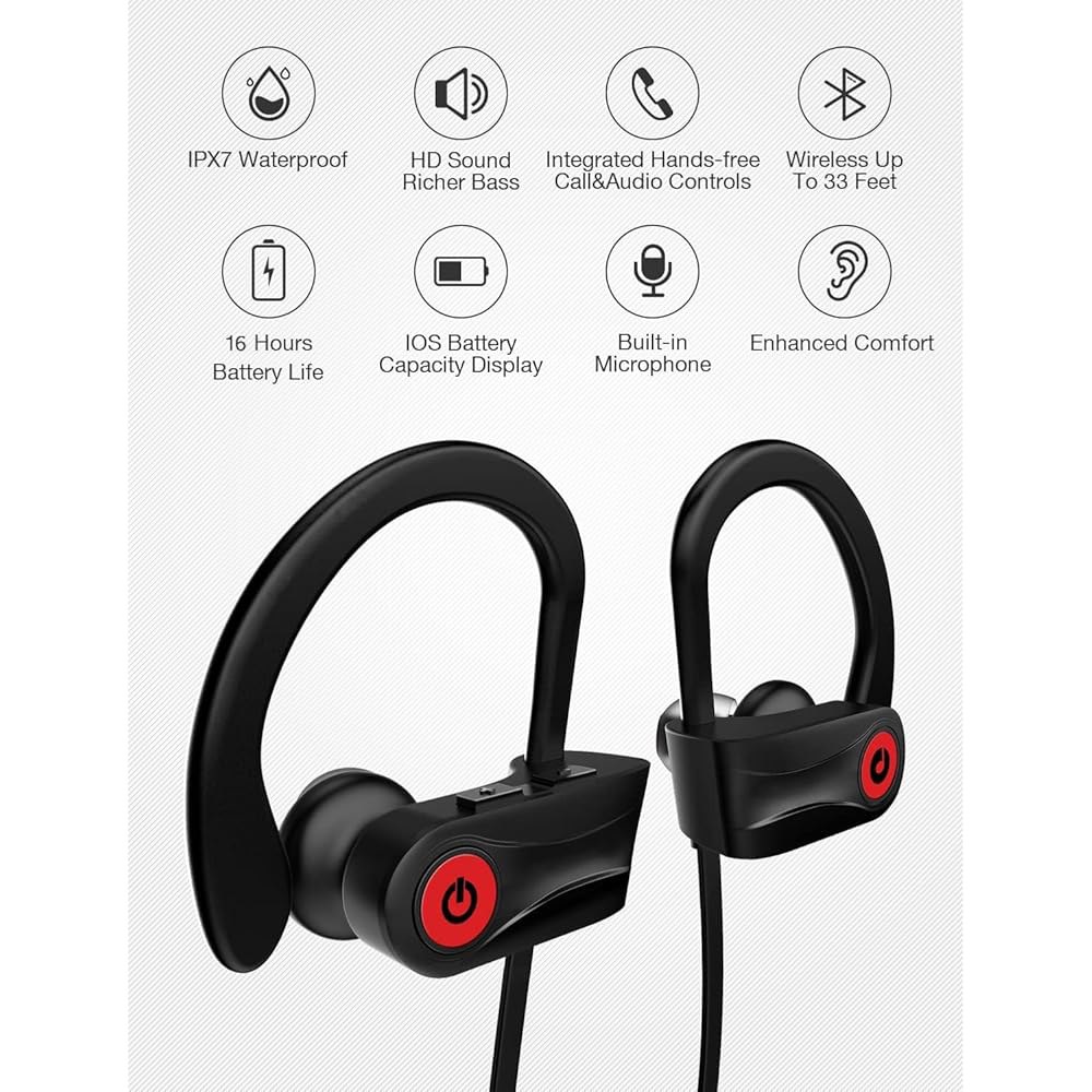 Otium Bluetooth 이어버드 무선 헤드폰 블루투스 헤드폰, 스포츠 이어버드, 15시간 플레이타임 방음 헤드셋을 위한 IPX7 방수 스테레오 이어폰, 블랙 Black - 상세 이미지 2