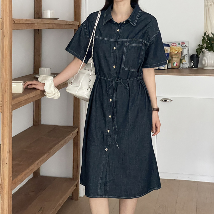 루즈핏 카라 데님 청 셔츠형 롱 원피스 여성 원피스 레이어드 a라인 연청 진청 반팔 긴팔