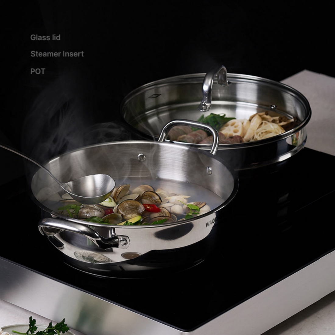 바겐슈타이거 스텐 찜기 2단 인덕션 샤브샤브 야채찜 냄비 이유식 찜솥 28cm - 상세 이미지 5
