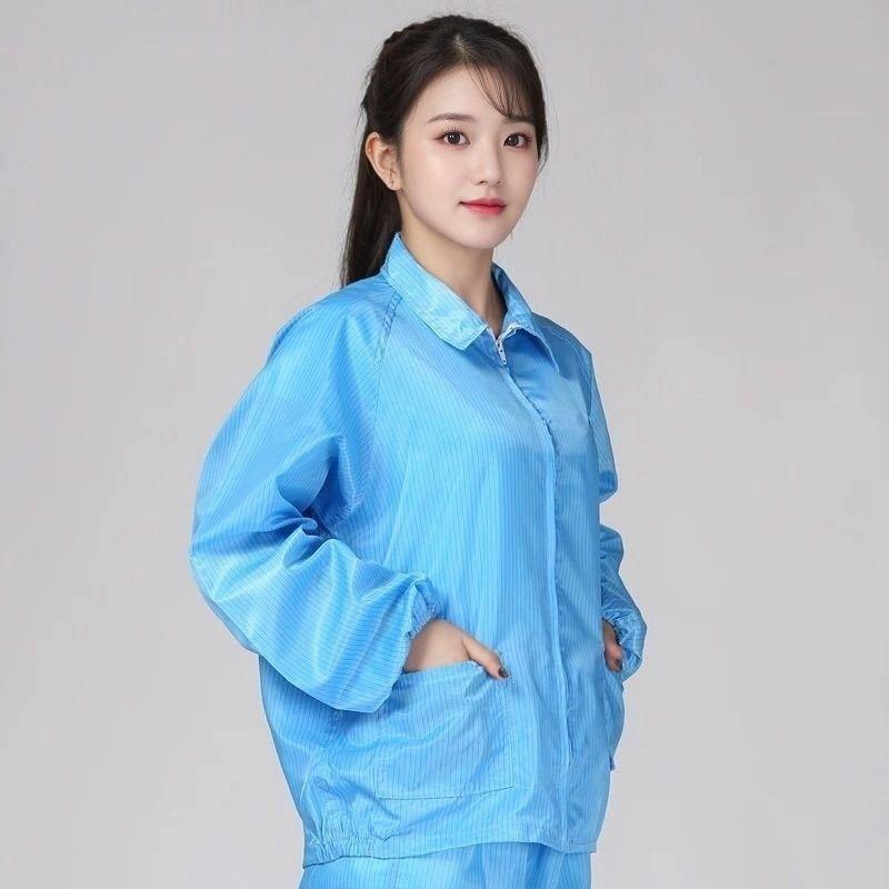 클린룸 투피스 작업복 제전복 방진복 정전기 방지 원단 긴팔 카라형 상의 바지 세트 블루 M 그레이 탑 팬츠 - 상품 이미지