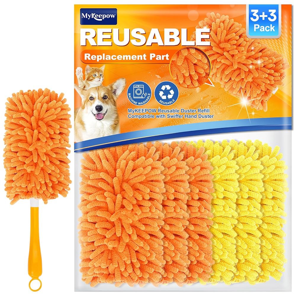 MyKEEPOW Swiffer 핸드 더스터와 호환되는 재사용 튼튼한 가능한 3+3팩 리필 먼지떨이 360 3 Pack orange - 상품 이미지