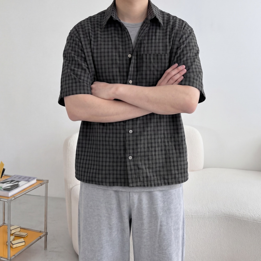 크롭 남자여름체크셔츠 오버핏 엠보 남방 - 상세 이미지 3