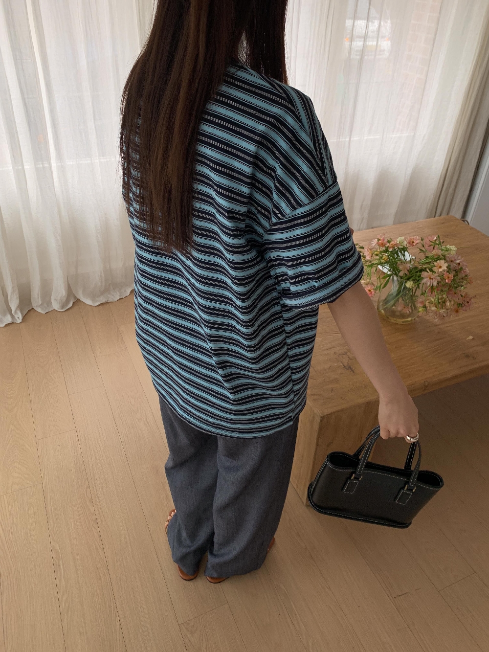 스트라이프티셔츠 여성반팔티 덴타덤블 루즈핏 박스 자수 레터링 반팔 티셔츠 이미지 6