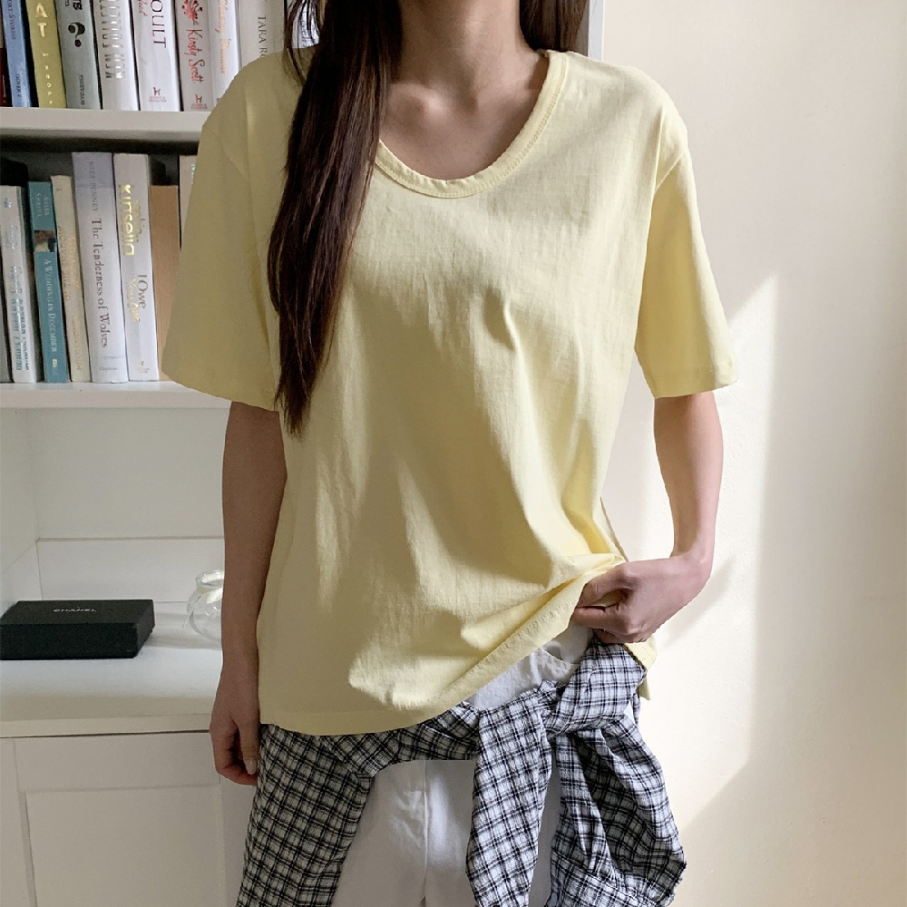 유넥티 여성반팔티 세미크롭 실크 이너 레이어드 무지 옆트임 반팔 티셔츠 - 상품 이미지