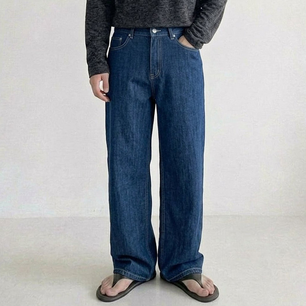 남성 여름 와이드 청바지 린넨 팬츠 긴바지 블루, L - 상품 이미지