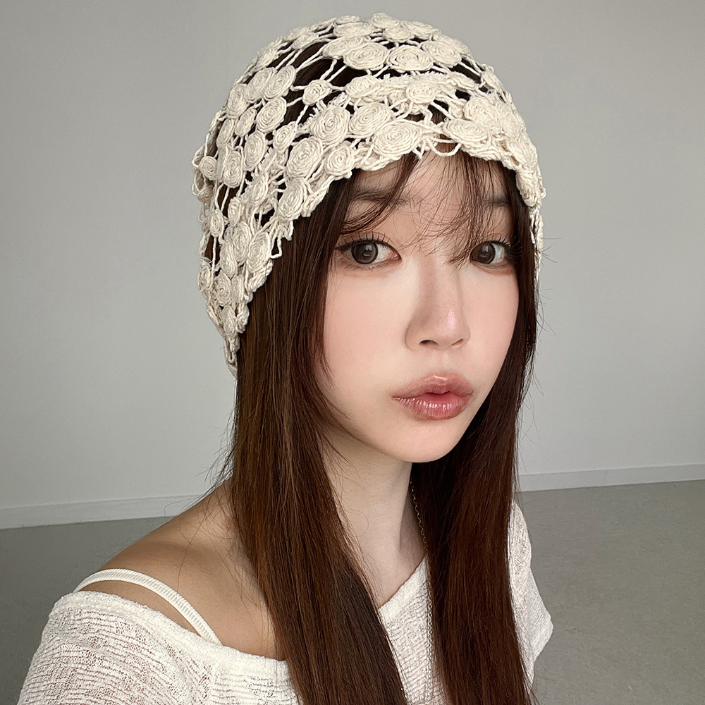 여름비니 여성 플라워 크로셰 그물 네트 비니 - 상세 이미지 3