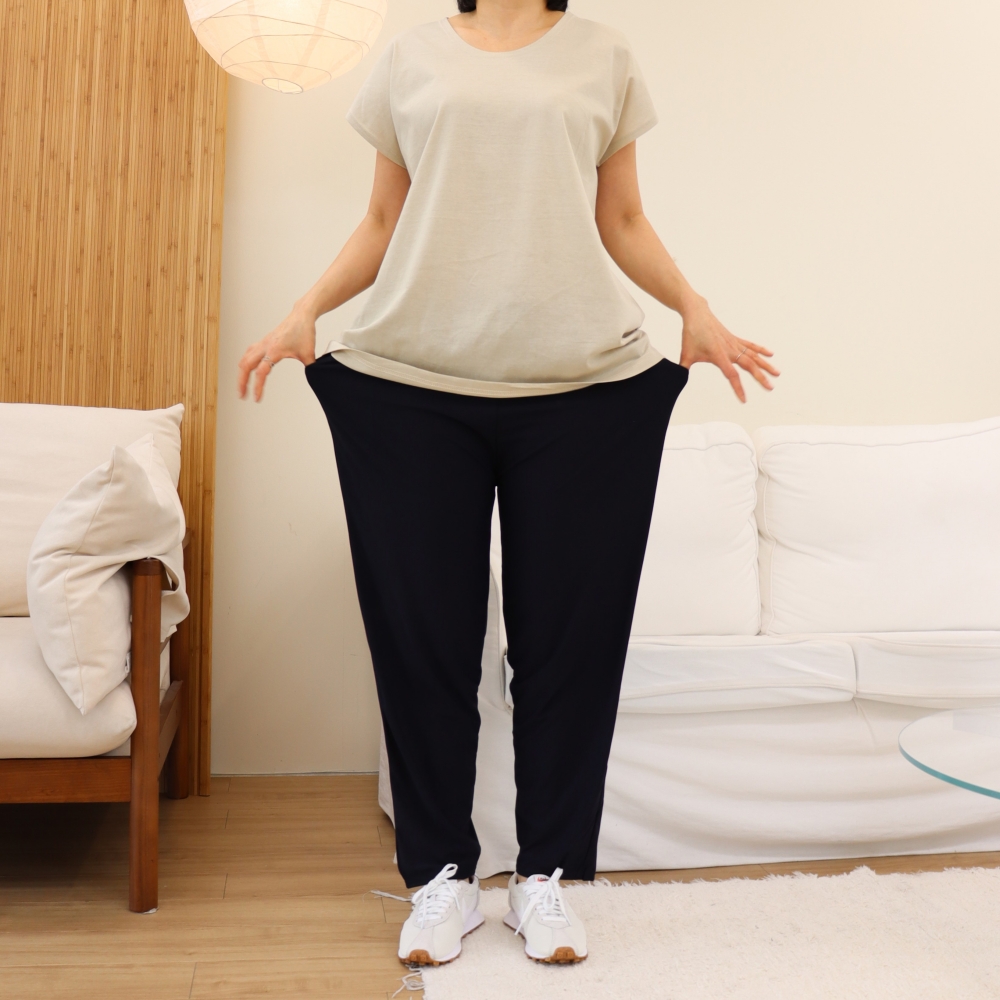 빅사이즈 여름 아이스 쿨링 찰랑 밴딩 바지 88 99 밑위긴 시원한 고무줄 배기팬츠 네이비 이미지 8