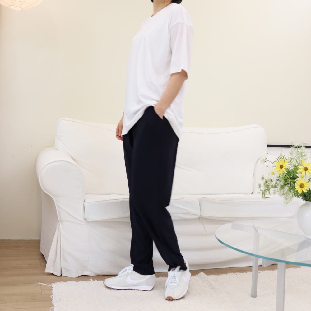 빅사이즈 여름 아이스 쿨링 찰랑 밴딩 바지 88 99 밑위긴 시원한 고무줄 배기팬츠 네이비 이미지 6