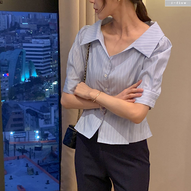트로아 스트라이프 브이넥카라 퍼프 블라우스 3col 봄 여름 단가라 크롭 보트넥 제이플로우 - 상세 이미지 4