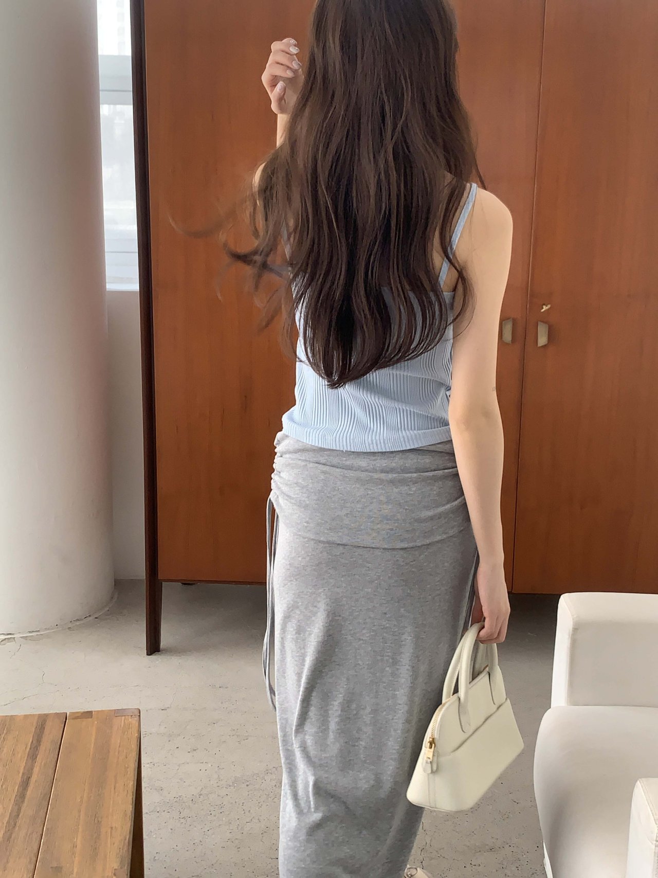 오버무드 셔링 스트링 롱 스커트 여성 밴딩 H라인 맥시 스커트 트레이닝 치마 - 상세 이미지 2