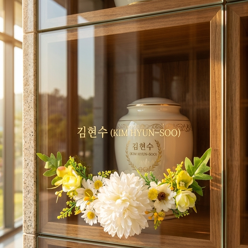 가더GADE 9AC 아치형리스 현충원 꽃 꽃장식 조화 큐방부착식 납골당꾸미기 납골당꽃 봉안당꽃 납골당리스 - 상품 이미지