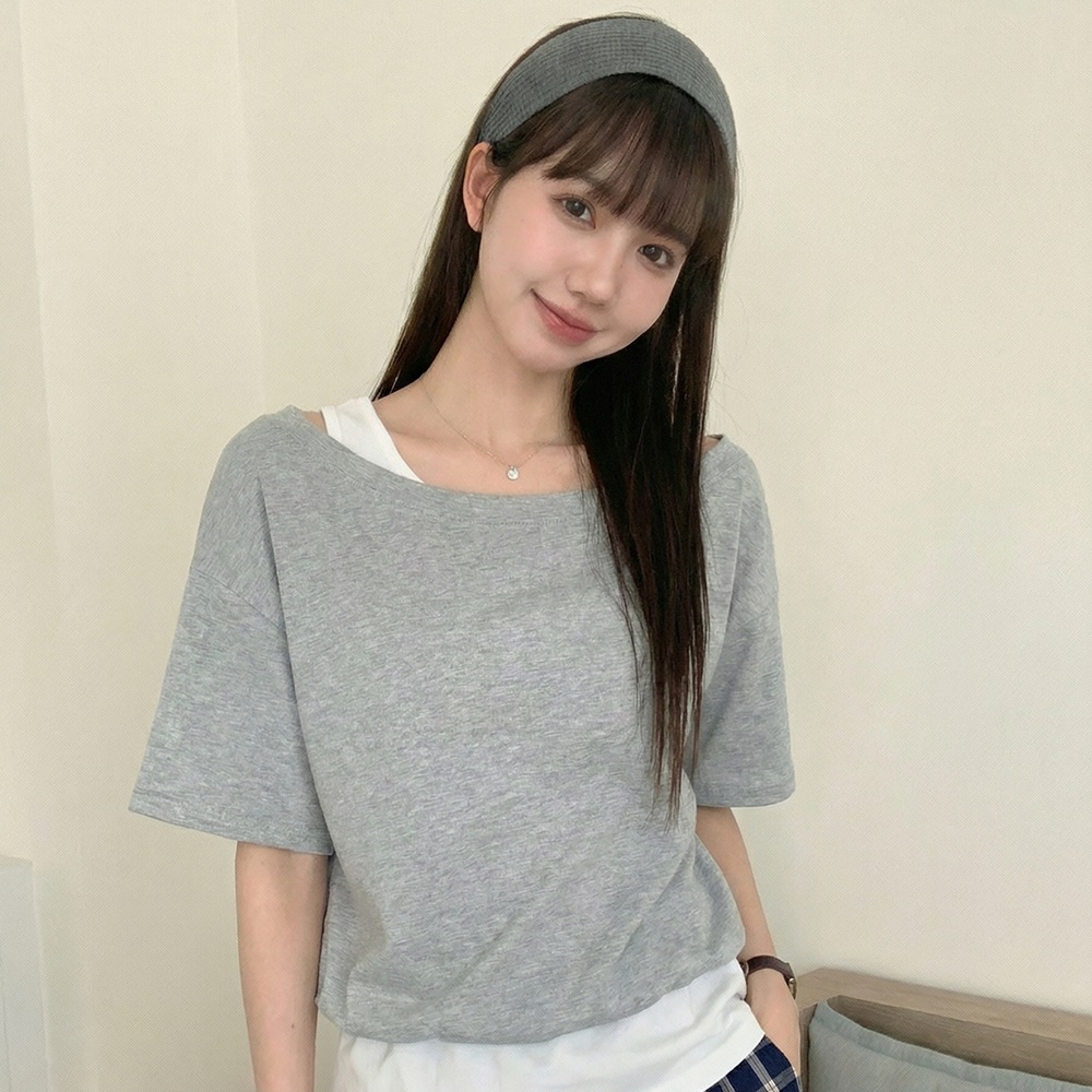 여름 루즈핏 오프숄더 레이어드 반팔 티셔츠 허리밴딩 체형커버 데일리룩 - 상세 이미지 3