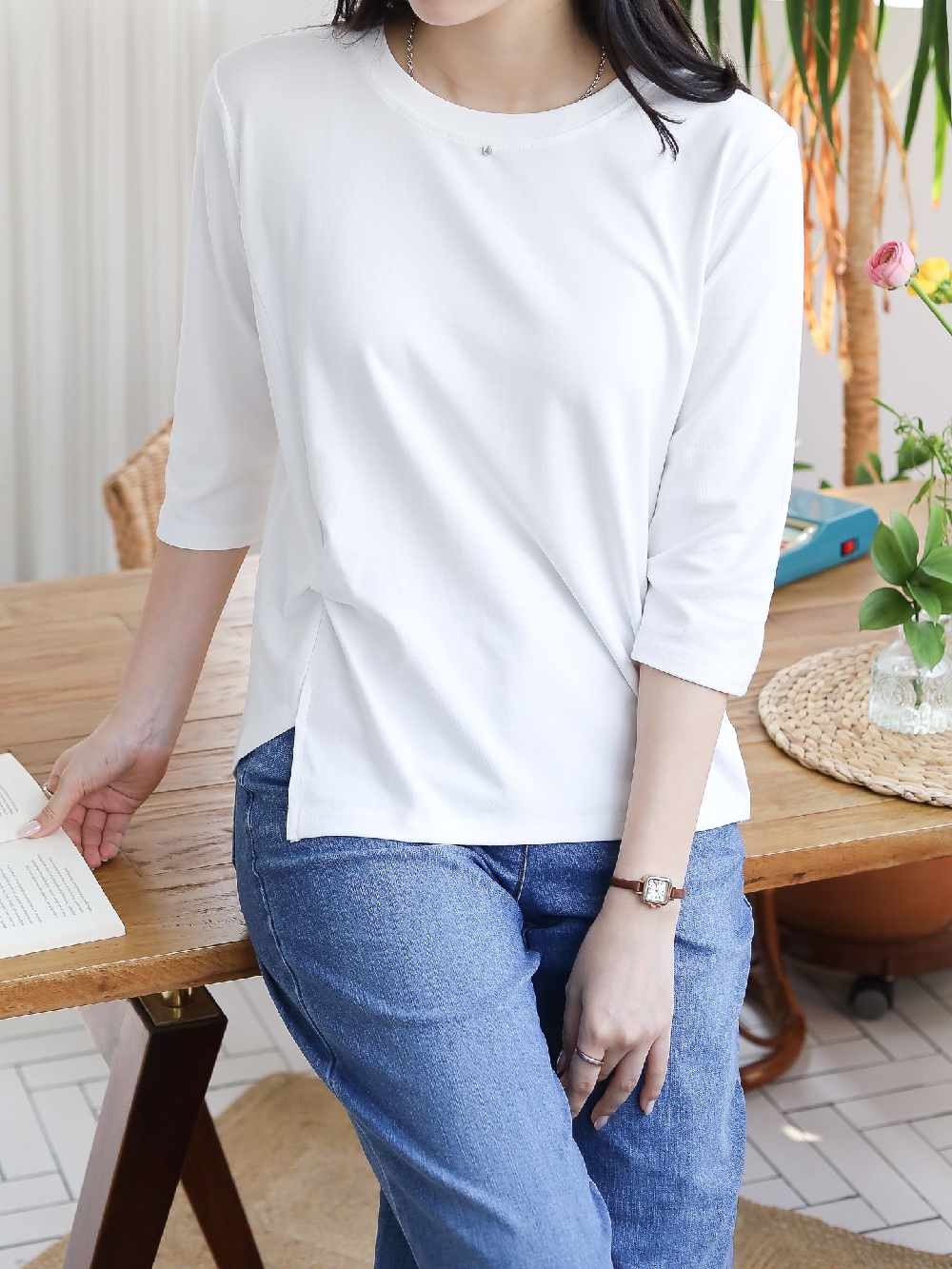 여성 7부티 꼬임 무지 기본 이너 레이어드 티셔츠 - 상세 이미지 4
