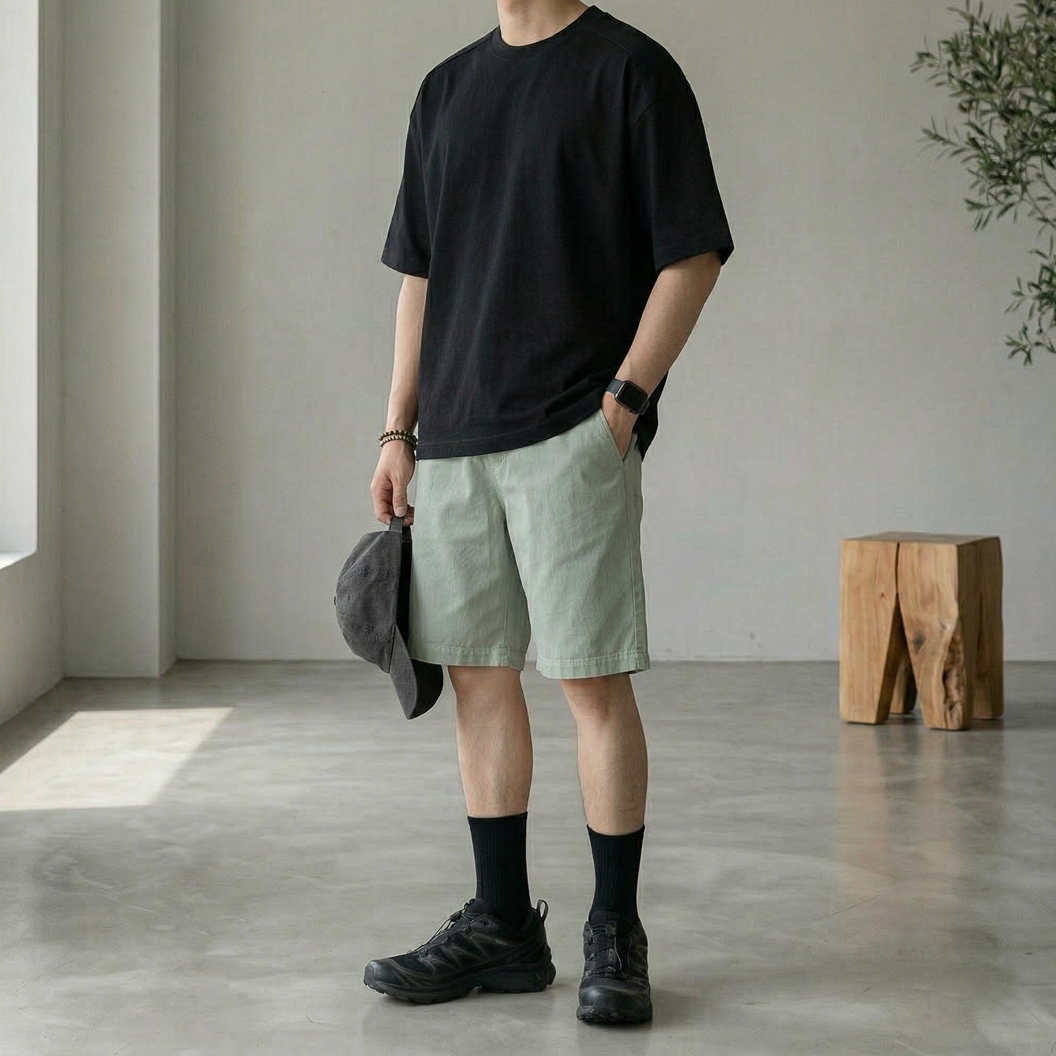 남자 피그먼트 워싱 스판 5부 와이드 반바지 밴딩 팬츠 이미지 7