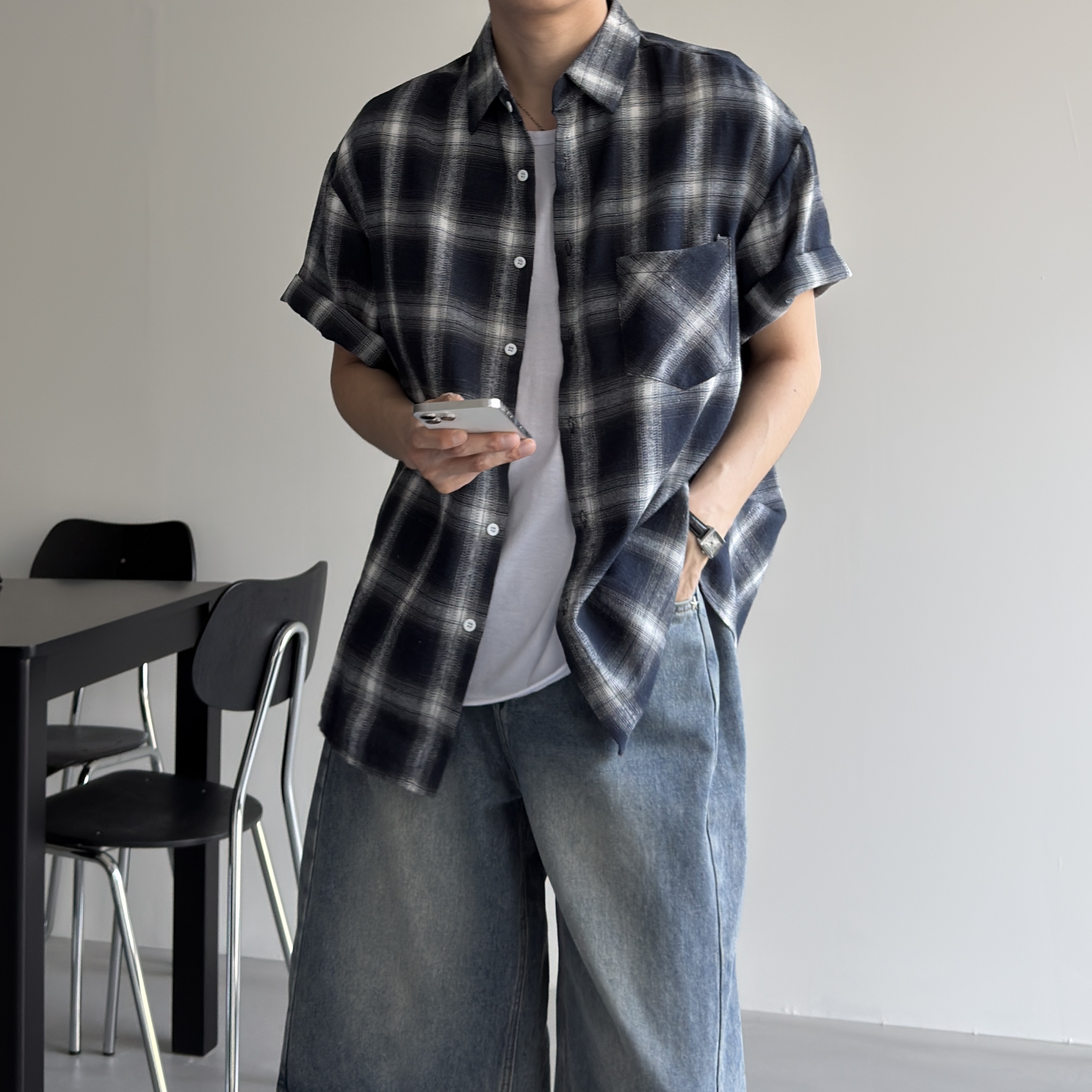 남자반팔셔츠 남자체크셔츠 체크남방 블랙, XL - 상세 이미지 5