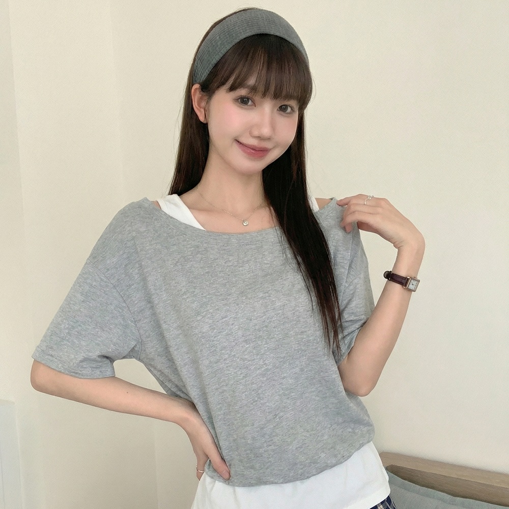 여름 루즈핏 오프숄더 레이어드 반팔 티셔츠 허리밴딩 체형커버 데일리룩 - 상세 이미지 2