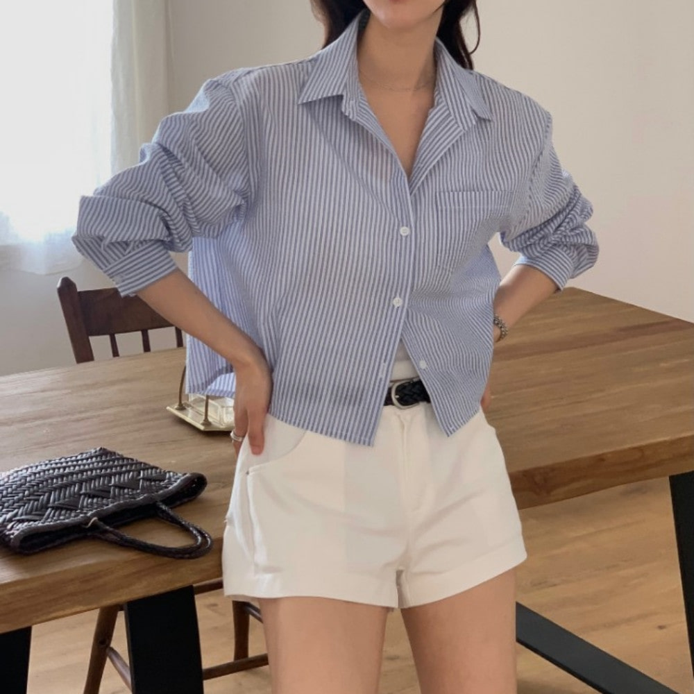 크롭 시어서커 지지미 스트라이프 살안타템 여름 긴팔 셔츠 남방 - 상품 이미지
