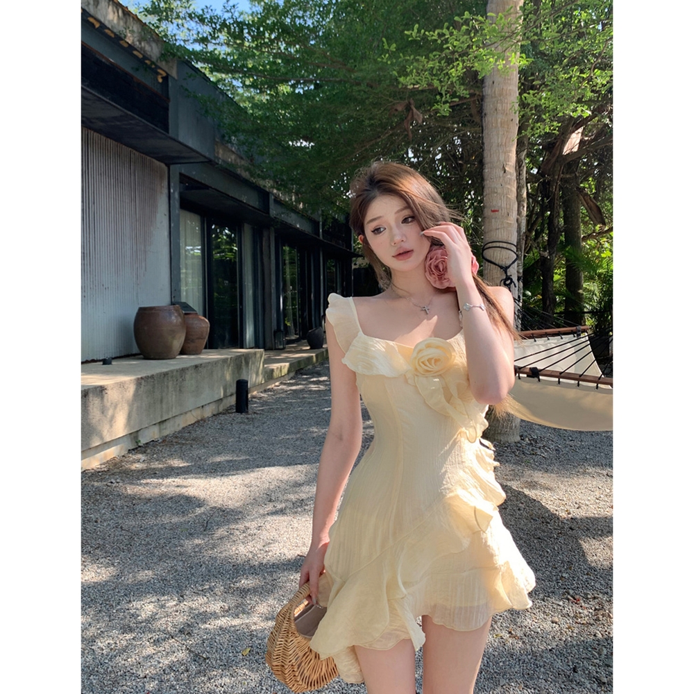 여성 쉬폰 원피스 여름 스커트 프릴 나시 러플 플라워 포인트 드레스 - 상세 이미지 2