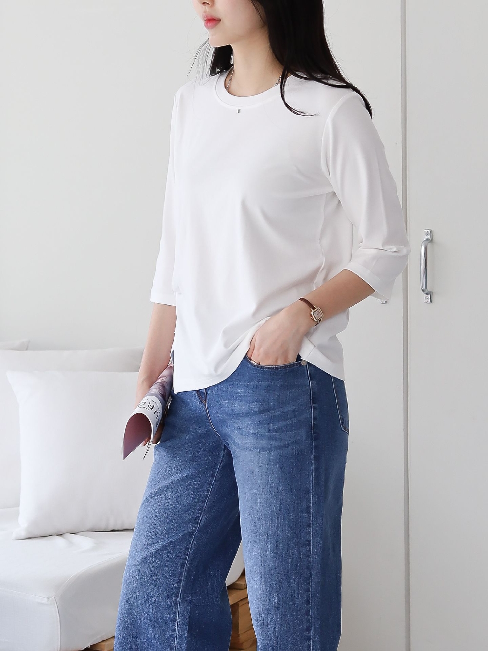 여성 7부티 꼬임 무지 기본 이너 레이어드 티셔츠 이미지 6