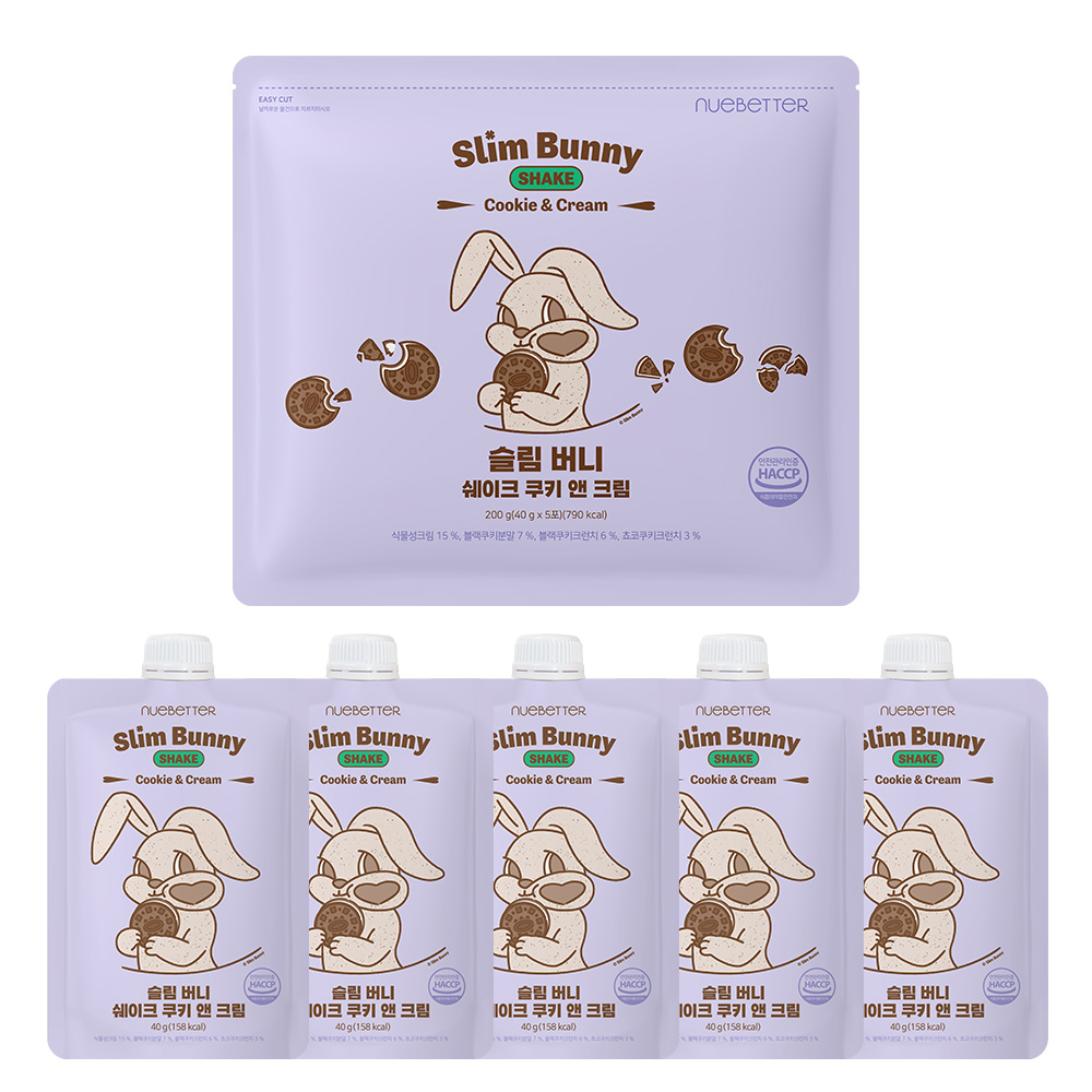 뉴베러 슬림 버니 단백질 쉐이크 파우치 저당 식사대용 프로틴 쿠키앤크림 1박스 (5개입), 200g, 1개 - 상품 이미지