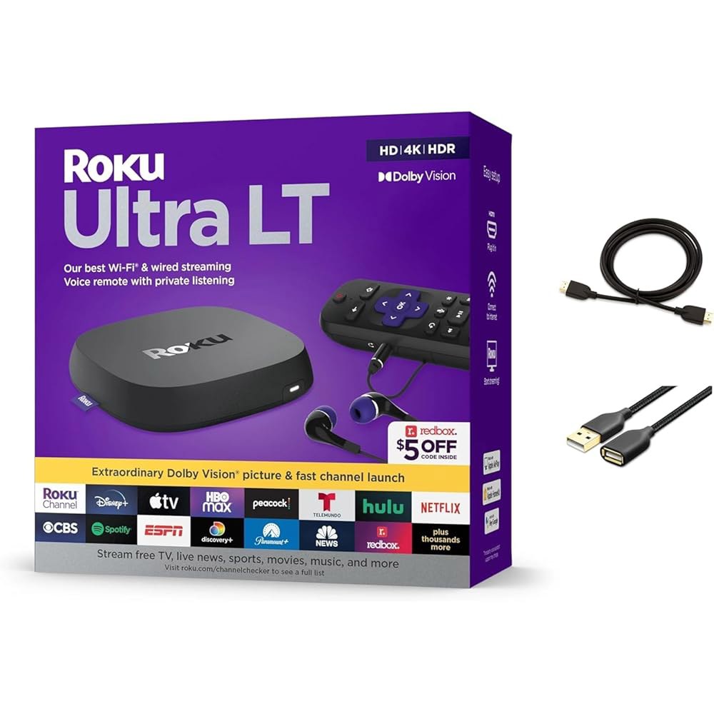 Roku 울트라 LT 스트리밍 장치 4K / HDR Dolby Vision 듀얼 밴드 Wi-Fi, 음성 리모컨 및 HDMI 케이블, USB 연장 코드 포함 - 상품 이미지