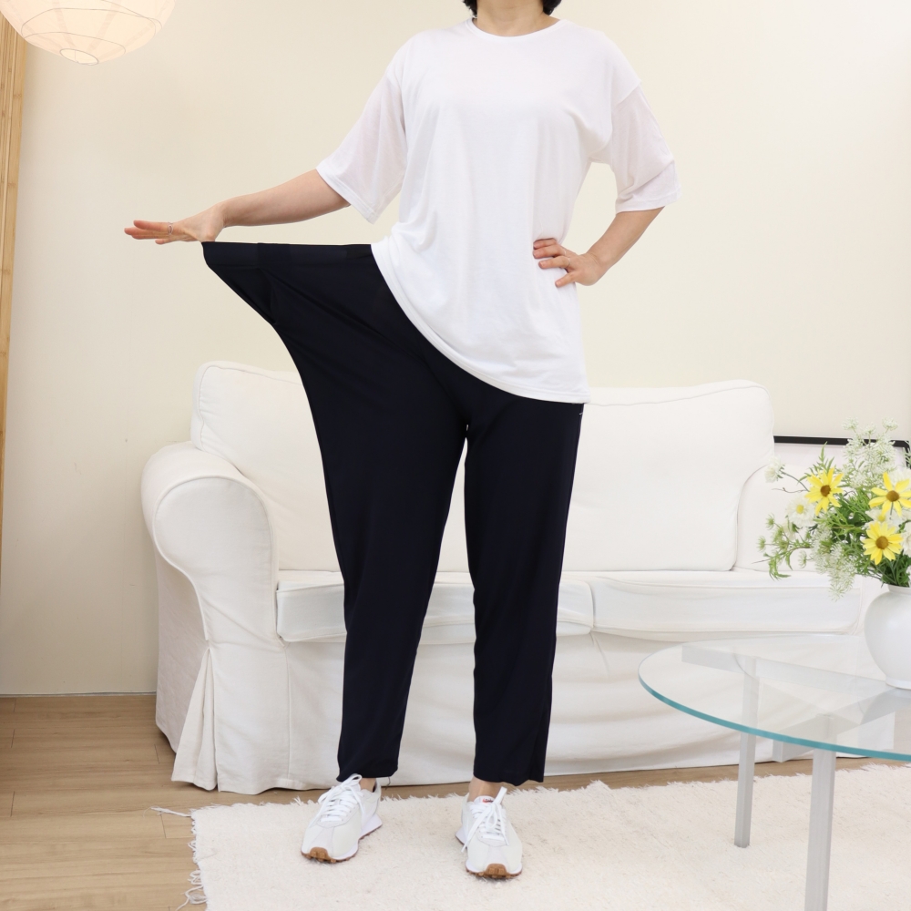 빅사이즈 여름 아이스 쿨링 찰랑 밴딩 바지 88 99 밑위긴 시원한 고무줄 배기팬츠 네이비 - 상품 이미지