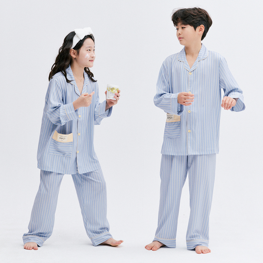 [엠엠즈] 블루시 실크핏 키즈 긴팔 파자마 주니어 오픈 잠옷 상하세트 - 상세 이미지 3